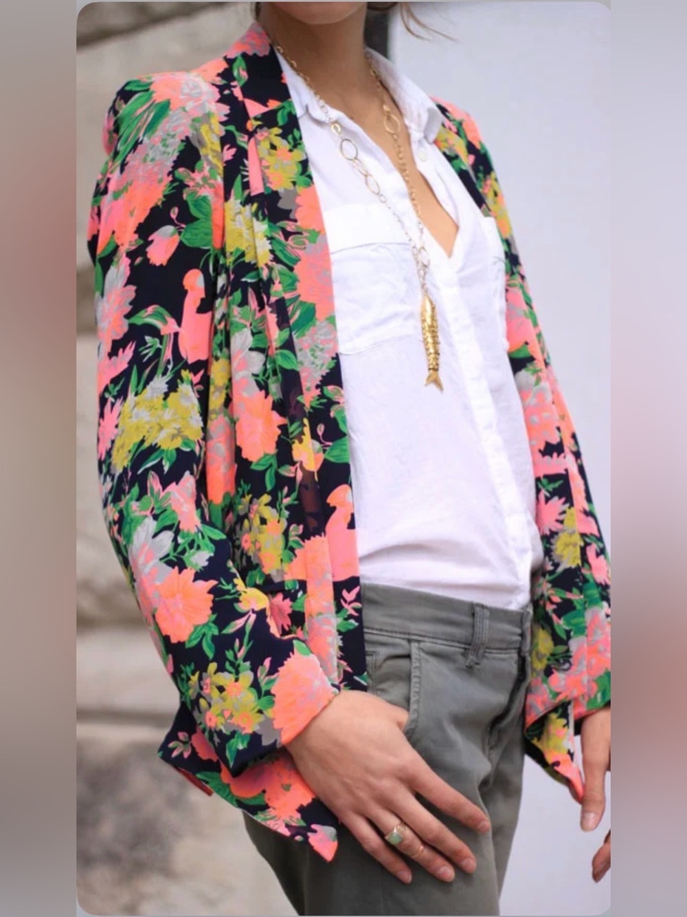 Anthropologie Cartonnier Floral Open Blazer Jacket Black Coral Pink Lightweight